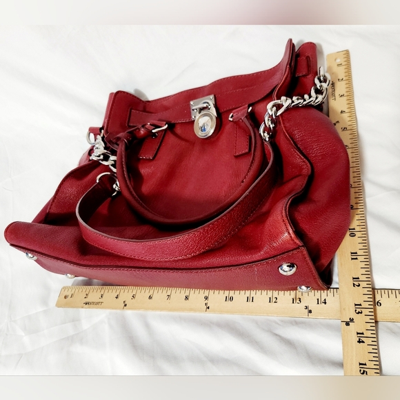 Michael Kors MK Large Hamilton - Red - Leather Bag with Silver Trim Nice - Picture 11 of 12